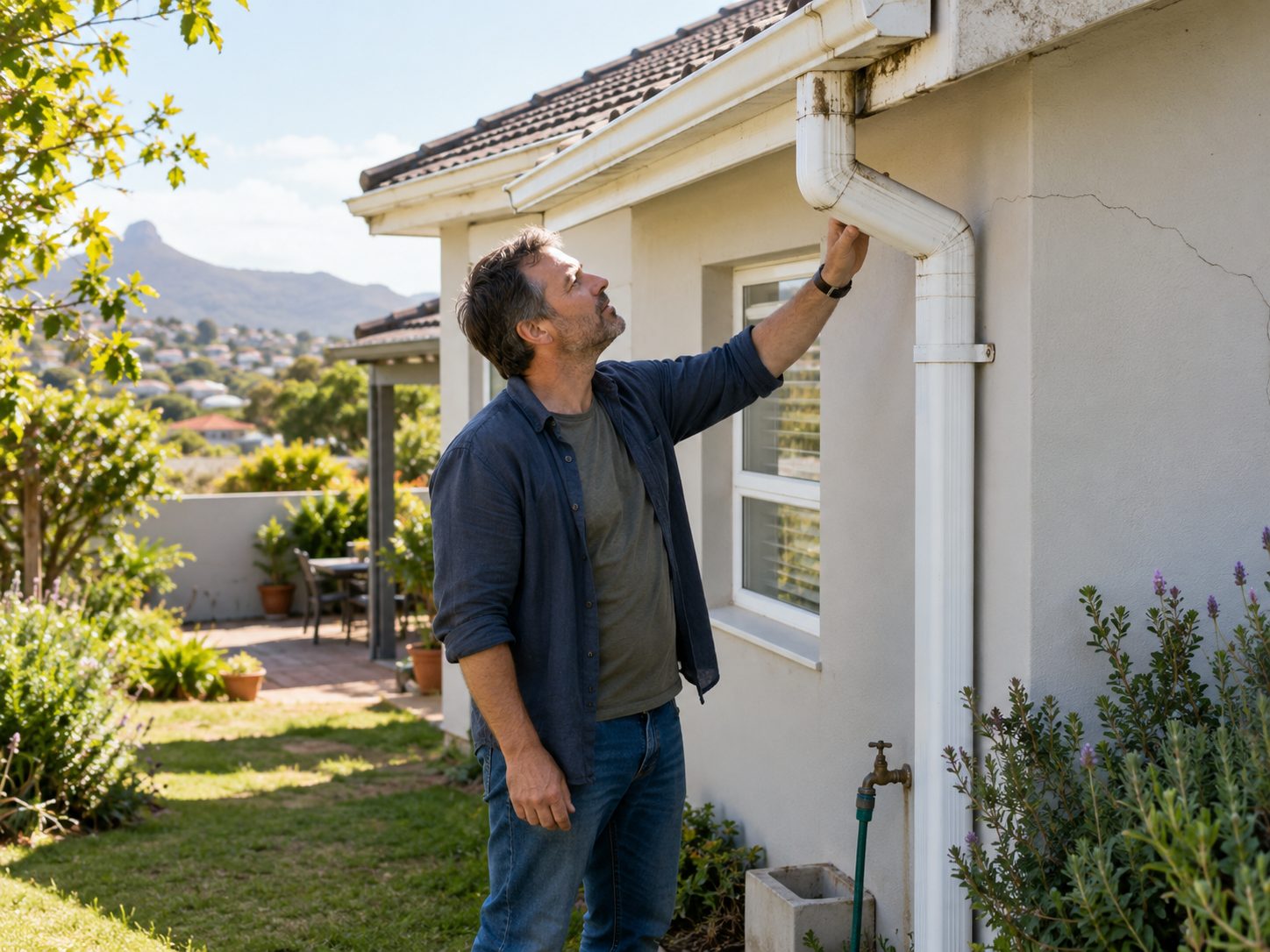 South African homeowner checking gutters and exterior maintenance around a suburban home before summer.