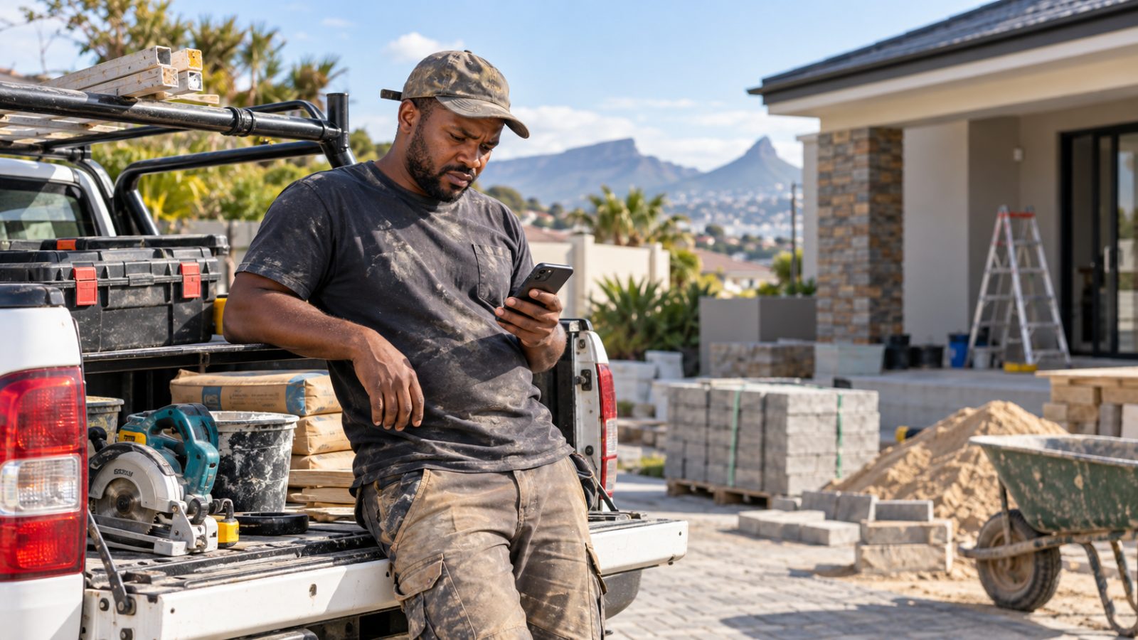 South African contractor checking a supplier's WhatsApp message beside his bakkie at a residential job site.